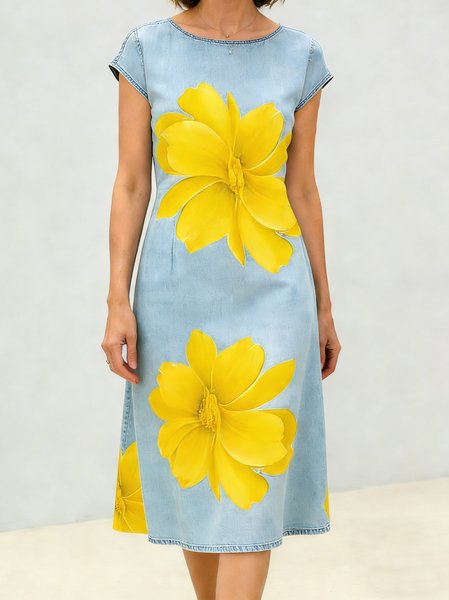 Women 3D Printing Summer Dress Crew Neck Short Sleeve Fit & Flare Dress A-Line Dress