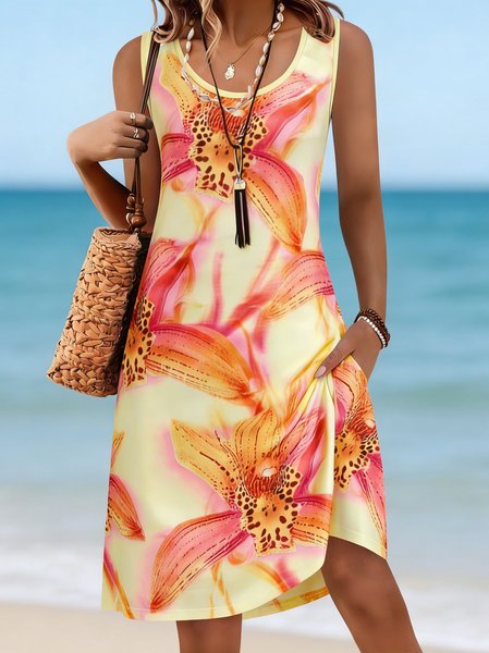 Women Floral Summer Dress U-Neck Sleeveless Tank A-Line Dress