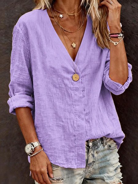 

Casual Plain Loose V Neck Shirt, Purple, Blouses & Shirts