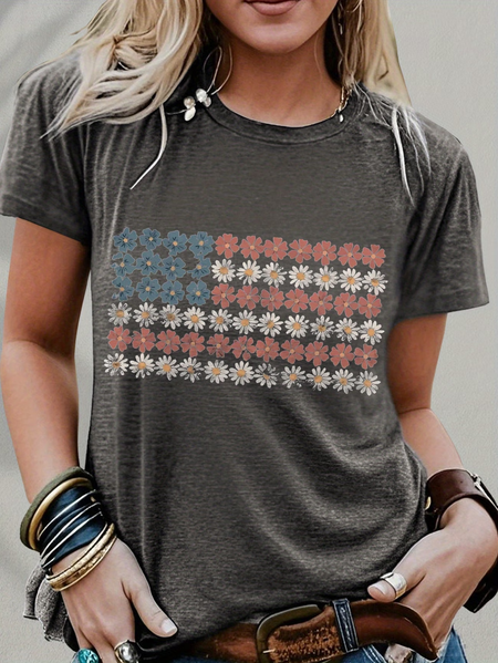 

Women Floral Short Sleeve Tee T-shirt Crew Neck Printing Casual Graphic Tee Summer Top, Gray, T-Shirts