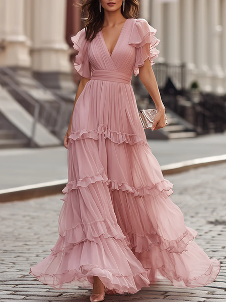 Elegant Plain Puff Sleeve Peplum V Neck Maxi Dress