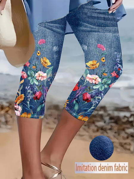 

Women Floral Capris Elastic Waist Pants Casual Summer Trousers, Blue, Leggings