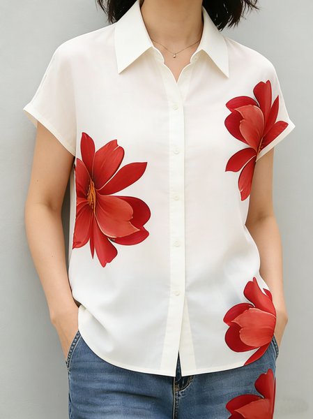 Shawl Collar Short Sleeve 3D Printing Regular Loose Shirt For Women