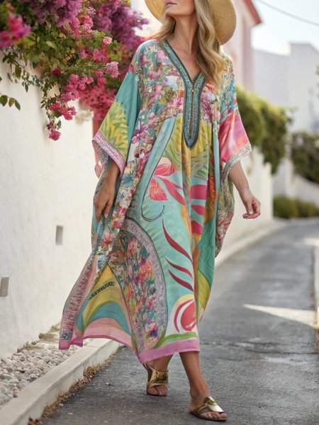 

Vacation Floral Printing Zipper V Neck Maxi Dress, As picture, Maxi Dresses