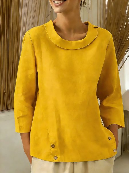 

Casual Plain Stand Collar Blouse, Yellow, Long Sleeves