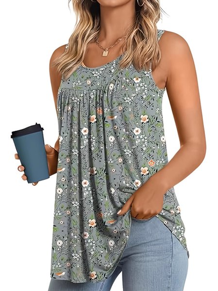 

Casual Crew Neck Floral Pattern Tank Top, As picture, Tanks & Camis