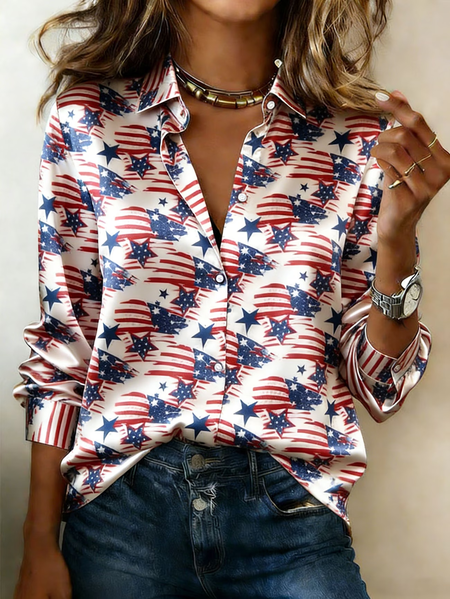 

Women America Flag Shawl Collar Long Sleeve Shirt Casual Daily Spring/Fall Top, As picture, Shirts