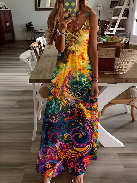 

Women Abstract Sleeveless V Neck Printing Dress Daily Casual Maxi Slip Dress X-Line Summer Dress, As picture, Casual Dresses
