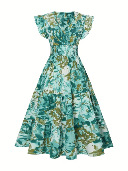 Women Floral Summer Dress V Neck Sleeveless Fit & Flare Dress A-Line Dress