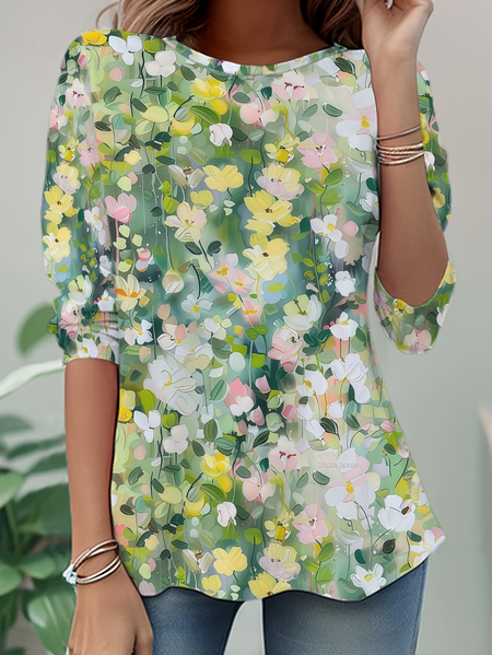 

Casual Floral Crew Neck Long Sleeve T-shirt, Green, T-shirts