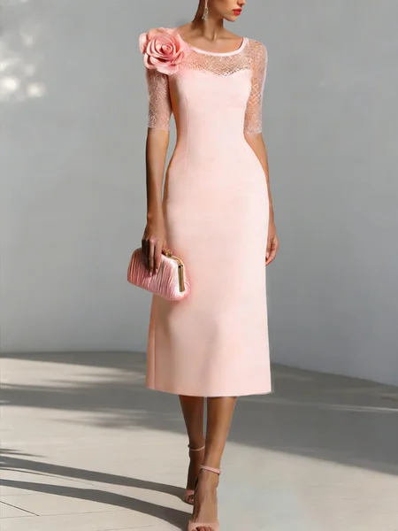 Elegant Plain 3D Floral  Knee Length Dress