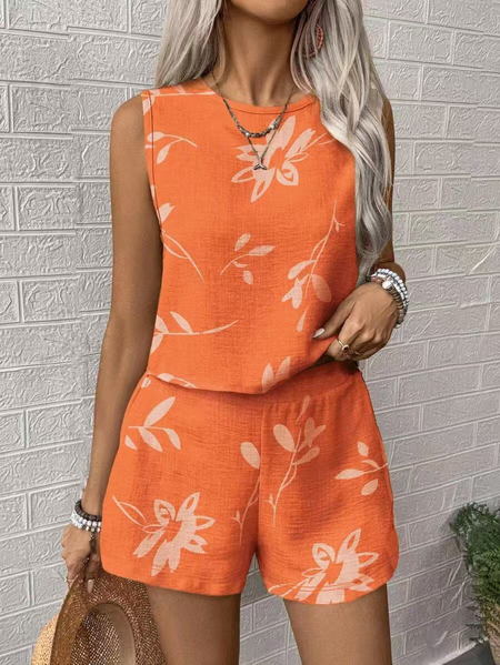Women Floral Two-Piece Set Daily Short Sleeve Casual Summer Short Sets Matching Set