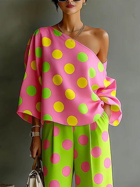 Vacation Polka Dots Printing Asymmetrical Blouse