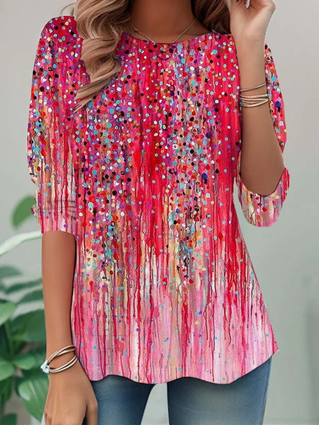 

Casual Abstract Crew Neck Long Sleeve T-shirt, Pink, T-shirts