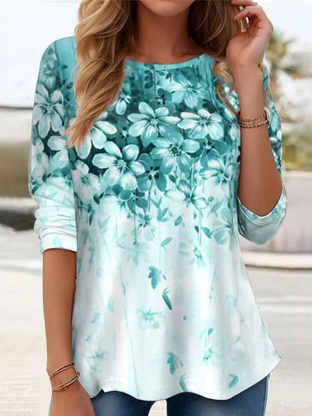

Women Floral Long Sleeve Tee T-shirt Crew Neck Printing Casual Tunic Spring/Fall Top, Green, T-Shirts