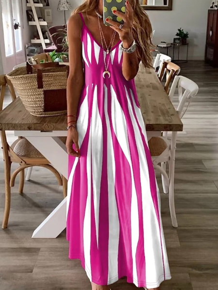 

Women Abstract Stripes Sleeveless V Neck Printing Dress Daily Casual Maxi Slip Dress X-Line Summer Dress, Rose red, Casual Dresses