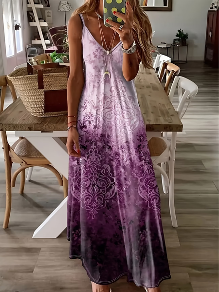 

Women Abstract Sleeveless V Neck Printing Dress Daily Casual Maxi Slip Dress X-Line Summer Dress, Purple, Casual Dresses