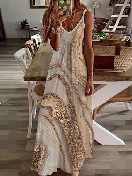 

Women Abstract Sleeveless V Neck Printing Dress Daily Casual Maxi Slip Dress X-Line Summer Dress, As picture, Casual Dresses