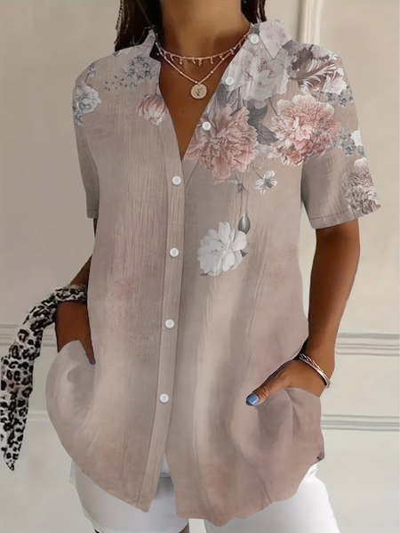 

Women Floral Shirt Collar Short Sleeve Shirt Printing Casual Daily Summer Top, As picture, Shirts