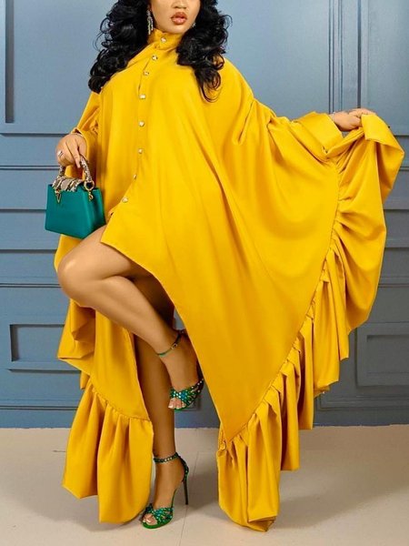 Elegant Plain Irregular Craftsmanship Stand Collar Maxi Dress