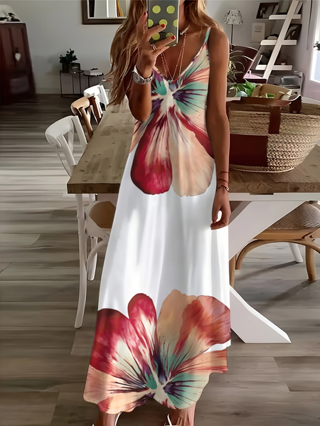 

Women Floral Sleeveless V Neck Printing Dress Daily Casual Maxi Slip Dress X-Line Summer Dress, White, Casual Dresses