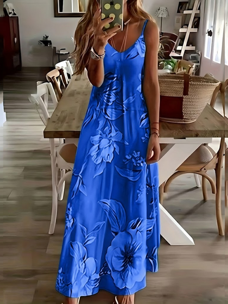 Women Floral Summer Printing Dress V Neck Sleeveless Slip Dress X-Line Dress