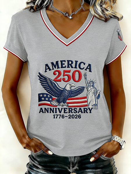 

Casual America Flag V Neck Short Sleeve T-shirt, Light gray, T-shirts