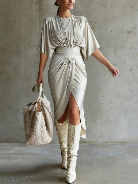 

Elegant Plain Raglan Sleeve Ruched Crew Neck Midi Dress, As picture, Midi Dresses