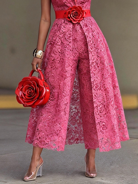 

Elegant Plain Straight Pants, Rose red, Pants