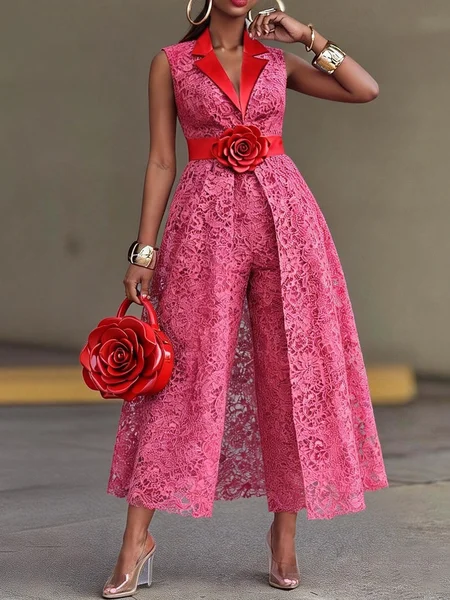 

Elegant Plain Lapel Collar Vest With 3D Floral Belt, Rose red, Vests and Gilets