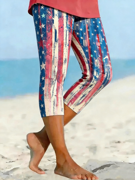 

Women Striped Capris Elastic Waist Pants Casual Summer Trousers, As picture, Leggings