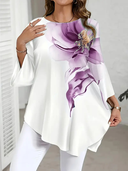 

Casual Floral Crew Neck Three Quarter Sleeve T-shirt, Purple, T-shirts
