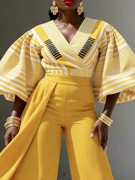 

Urban Striped Printing V Neck Balloon Sleeve Blouse, Yellow, Blouses and Shirts