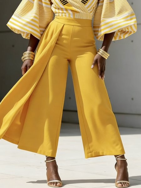 

Urban Plain Irregular Craftsmanship Wide Leg Pants, Yellow, Pants