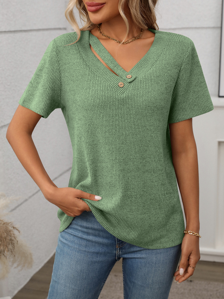 Casual Plain Color V Neck Short Sleeve T-shirt