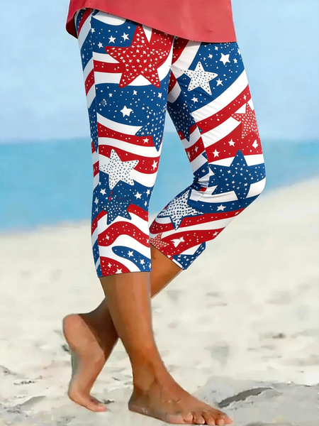 

Women Striped Capris Elastic Waist Pants Casual Summer Trousers, Red-blue, Leggings