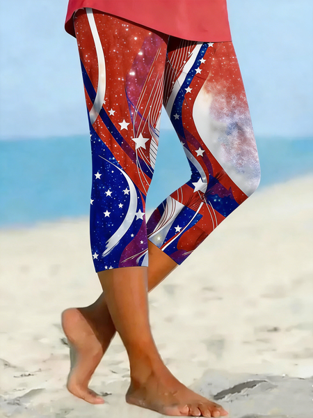 Women Gradient Pattern Capris Elastic Waist Pants Casual Summer Trousers