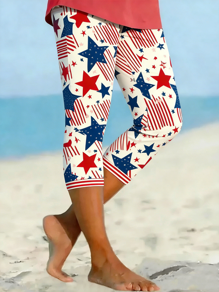 

Women Striped Capris Elastic Waist Pants Casual Summer Trousers, Red-blue, Leggings