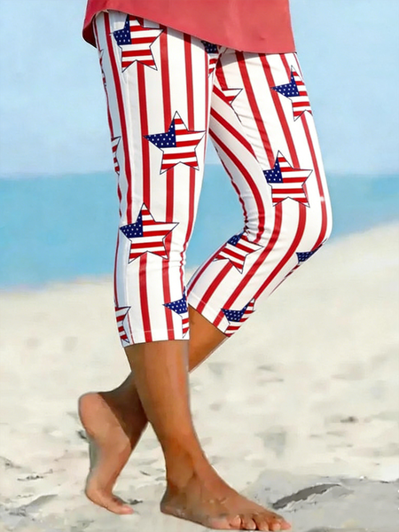 

Women Striped Capris Elastic Waist Pants Casual Summer Trousers, Red, Leggings