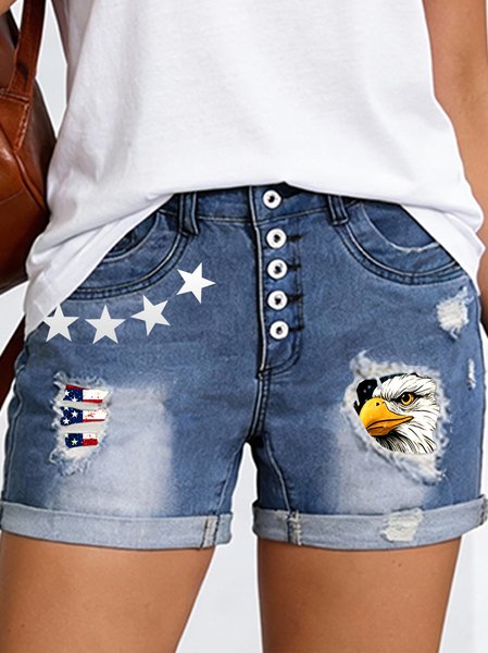 

American Flag Denim Eagle Old Glory Straight Leg Button Fly Going Out Casual Shorts, Blue, Denim Shorts