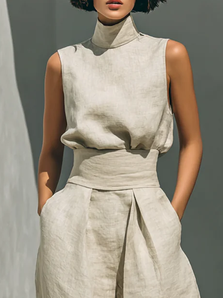 

Cotton Casual Plain Bow Stand Collar Tank Top, Khaki, Tanks and Camis