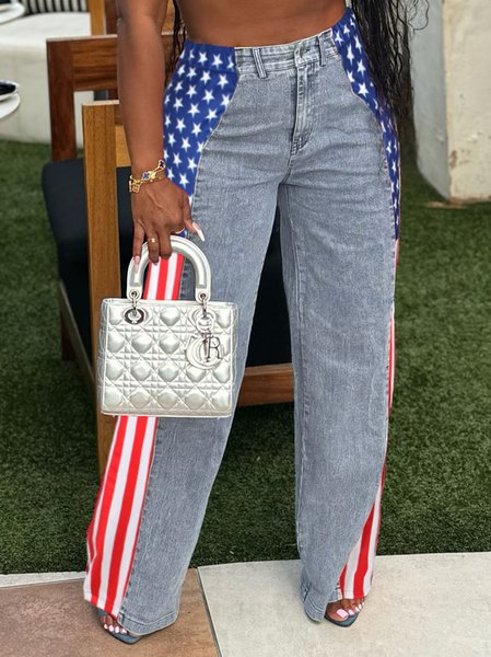 American Flag Denim Blue Straight Leg Button Fly Going Out Casual Jeans