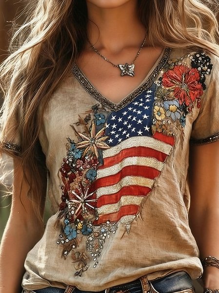 

Vintage America Flag V Neck Short Sleeve T-shirt, As picture, T-shirts