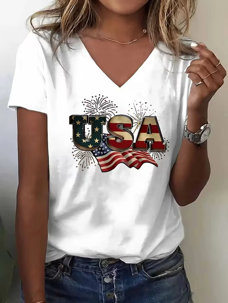 

Casual America Flag Print V Neck Short Sleeve T-shirt, White, T-shirts
