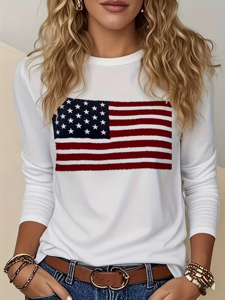 

Casual America Flag Crew Neck Long Sleeve T-shirt, White, T-shirts