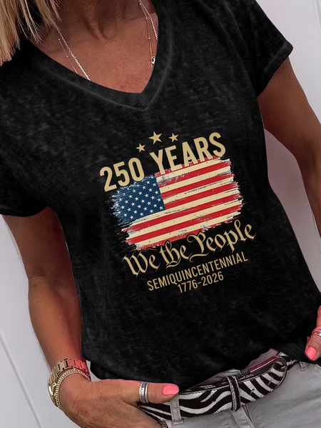 250 Years Anniversary America Flag Print V Neck Short Sleeve T-shirt