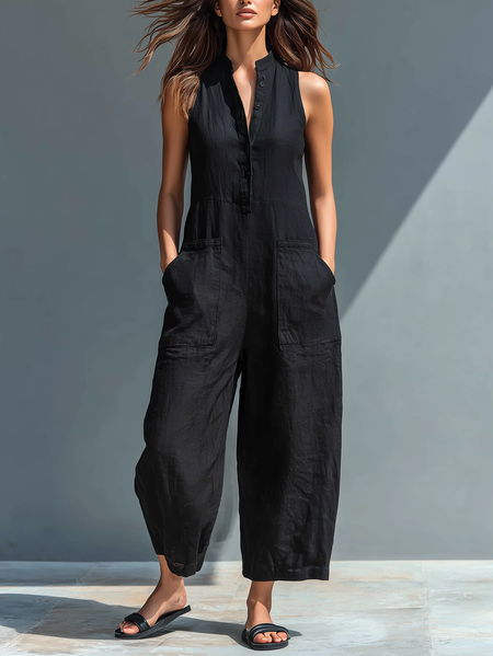 

Casual Pockets Plain V Neck Tank Jumpsuit, Black, Jumpsuits