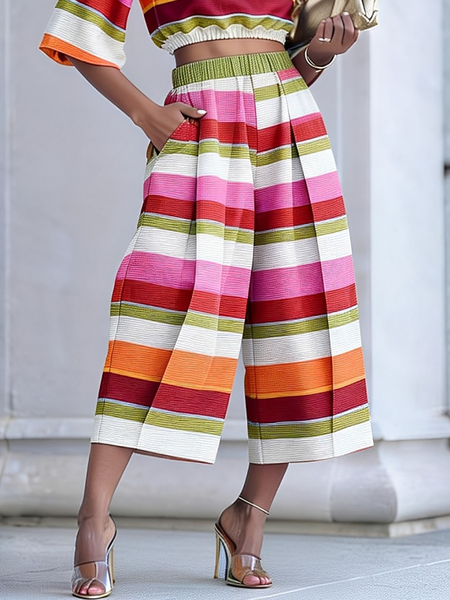 

Urban Striped Printing Wide Leg Pants, As picture, Pants