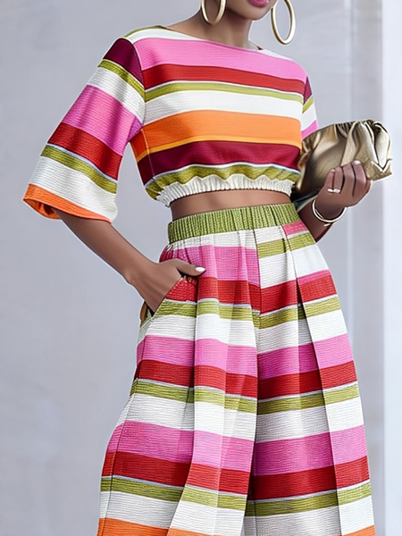 

Urban Striped Printing Crew Neck Blouse, As picture, Blouses and Shirts