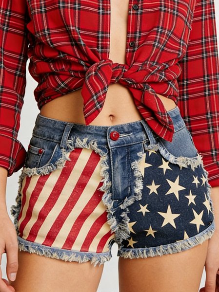 

American Flag Denim Blue Straight Leg Button Fly Shorts, Denim Shorts